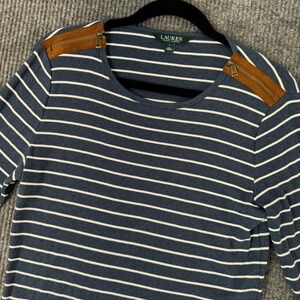 Lauren Ralph Lauren Womens L Striped Long Sleeve Top Blue Preppy Chic Equestrian